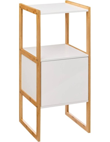 Mueble auxiliar de baño Natureo blanco con marco de bambú y estante abierto.