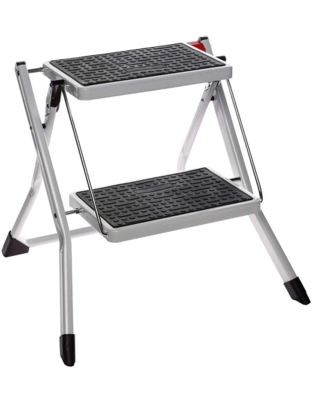 Escalera de metal de 2 peldaños, plegable, con estructura de acero y revestimiento PP, soporte máximo 150 kg.