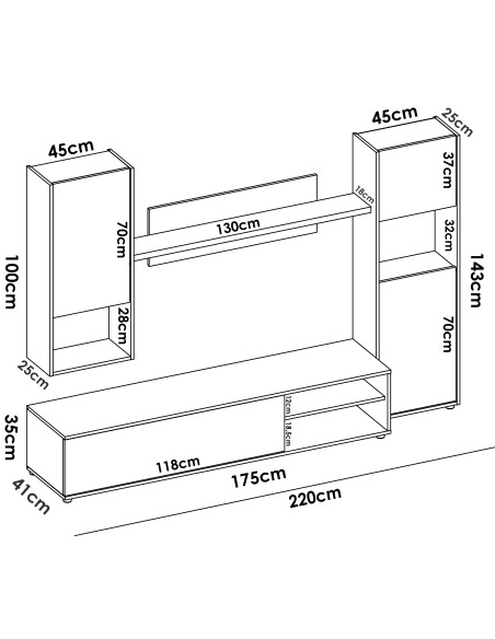 Salón Modular Luca – Mueble TV, 2 Vitrinas y Estante de Pared