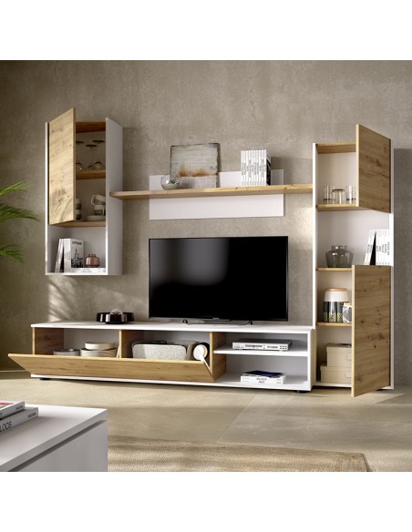 Salón Modular Luca – Mueble TV, 2 Vitrinas y Estante de Pared