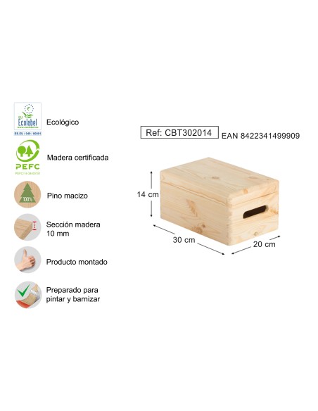 Caja de Madera Maciza de Pino 30x20x14 cm