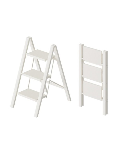 Taburete plegable de aluminio blanco de 3 peldaños, peldaños antideslizantes, pies de TPR, capacidad 150 kg, certificado EN131.