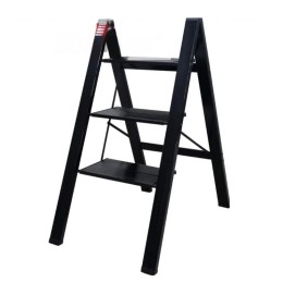 Taburete plegable de aluminio negro de 3 peldaños, peldaños antideslizantes, pies de TPR, capacidad 150 kg, certificado EN131.