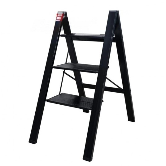 Taburete plegable de aluminio negro de 3 peldaños, peldaños antideslizantes, pies de TPR, capacidad 150 kg, certificado EN131.