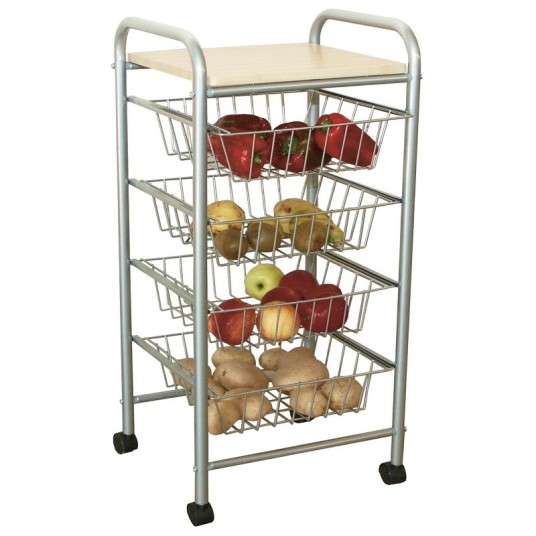 Carrito verdulero de metal con 4 cestas extraíbles y ruedas, ideal para organizar frutas y verduras con comodidad y estilo.