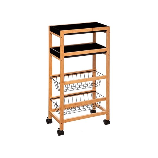 Carrito auxiliar de cocina de bambú con ruedas, bandejas y cestas extraíbles – 40,8x21,7x83 cm