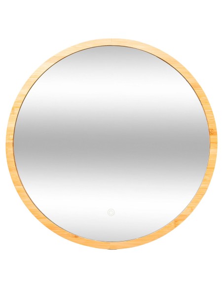 Espejo decorativo redondo de pared con marco en MDF, bambú y vidrio, diámetro 57 cm