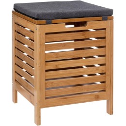 Taburete compacto para baño con estructura de bambú y asiento de poliéster resistente a humedad