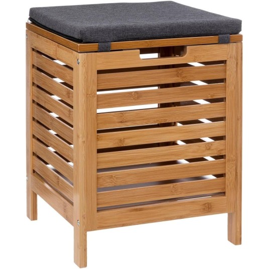 Taburete compacto para baño con estructura de bambú y asiento de poliéster resistente a humedad