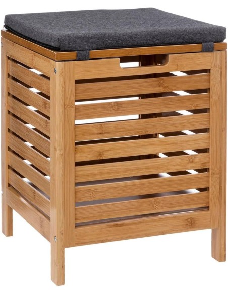 Taburete compacto para baño con estructura de bambú y asiento de poliéster resistente a humedad