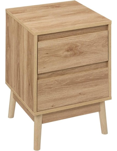 Mesita auxiliar de 2 cajones estilo natural con patas de madera