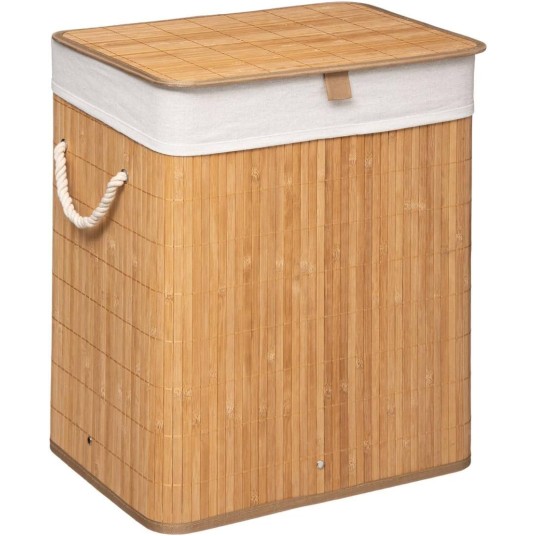 Cesto de ropa sucia de bambú natural con tela blanca y tapa – FIVE Simply Smart, capacidad 60 litros