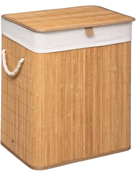 Cesto de ropa sucia de bambú natural con tela blanca y tapa – FIVE Simply Smart, capacidad 60 litros