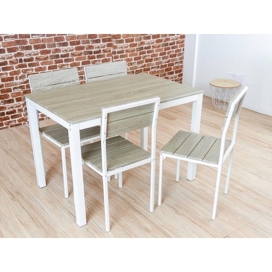 Conjunto Xobe de mesa y 4 sillas, madera color tapé y estructura metálica blanca, ideal para cocinas y comedores.