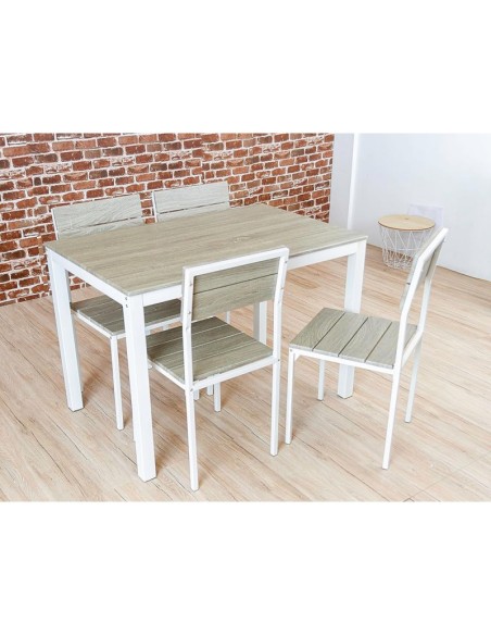 Conjunto Xobe de mesa y 4 sillas, madera color tapé y estructura metálica blanca, ideal para cocinas y comedores.