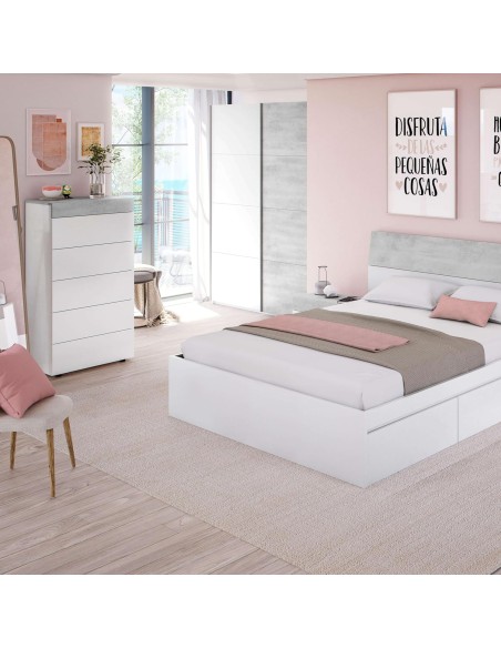 Cómoda Tekkan 5 cajones blanco artik y cemento 61 cm