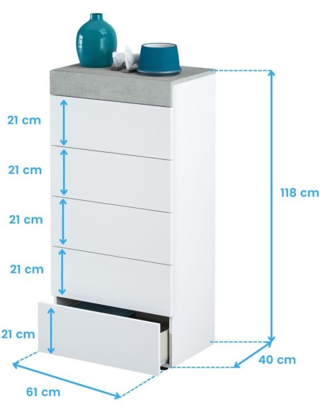Cómoda Tekkan 5 cajones blanco artik y cemento 61 cm