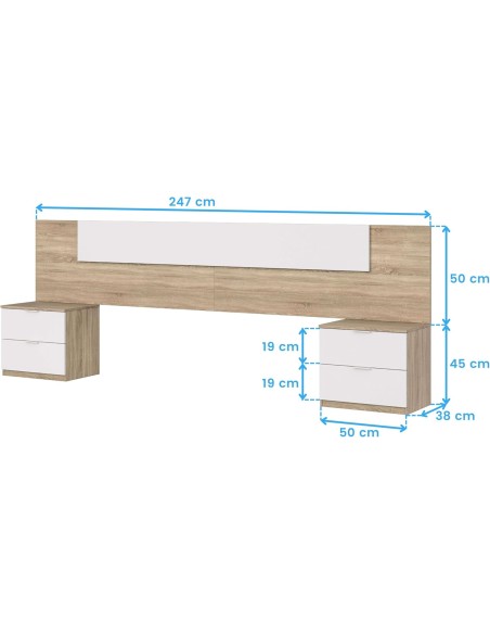 Cabezal Cama 150 cm con 2 Mesitas Blanco Artik y Roble Canadian