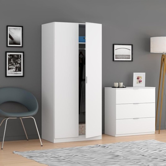 Armario 2 puertas blanco low cost con estante superior y perchero.