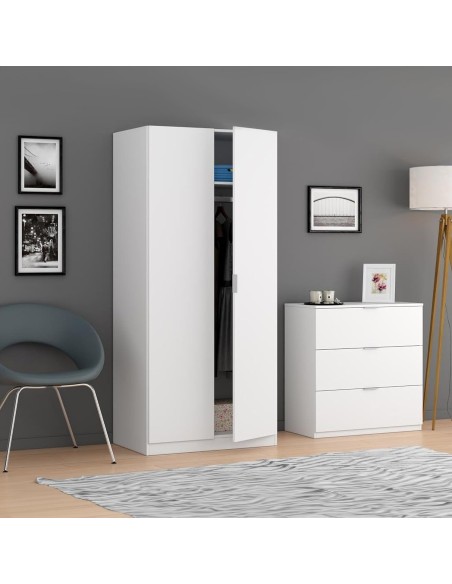 Armario 2 puertas blanco low cost con estante superior y perchero.