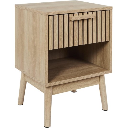 Mesita de noche Klaus de estilo nórdico, acabado natural, con 1 cajón y patas de pino, ideal para dormitorio.