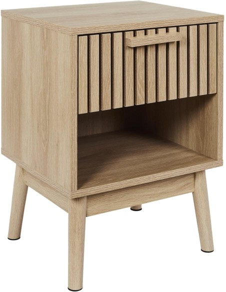 Mesita de noche Klaus de estilo nórdico, acabado natural, con 1 cajón y patas de pino, ideal para dormitorio.