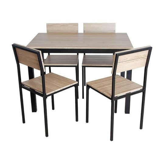 Conjunto de mesa y 4 sillas Xobe en metal negro y tablero MDF efecto madera