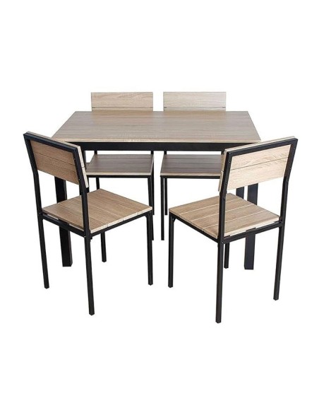 Conjunto de mesa y 4 sillas Xobe en metal negro y tablero MDF efecto madera
