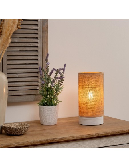 Lámpara de mesa Elva con pantalla de lino y base de madera