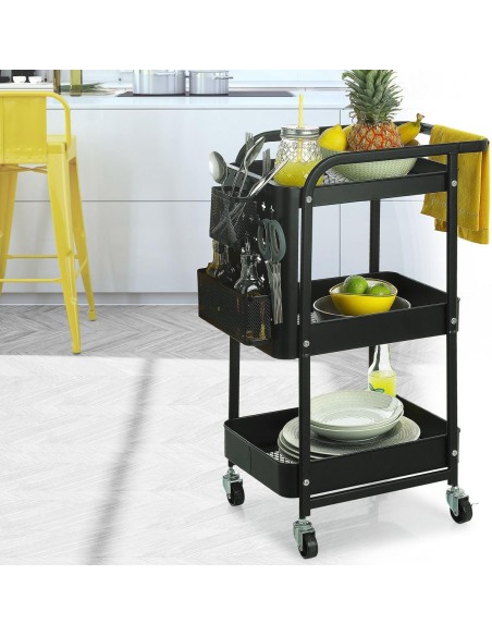 Carrito de cocina metálico con ruedas y 3 bandejas