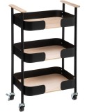 Carrito de cocina industrial con estructura metálica negra y estantes de madera