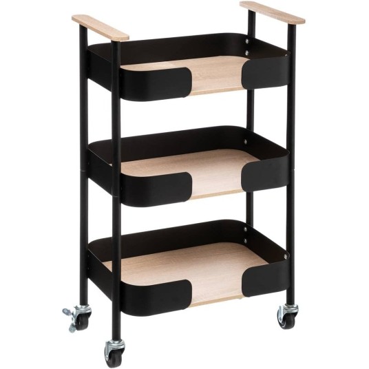 Carrito de cocina industrial con estructura metálica negra y estantes de madera