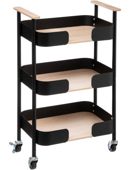 Carrito de cocina industrial con estructura metálica negra y estantes de madera