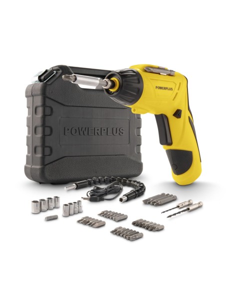 Destornillador inalámbrico Powerplus 4 V con accesorios y estuche negro y amarillo