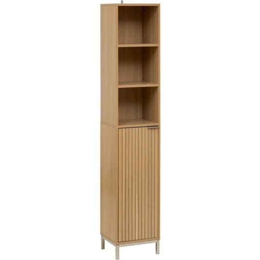 Mueble alto vertical de baño efecto madera con estantes regulables y puerta frontal