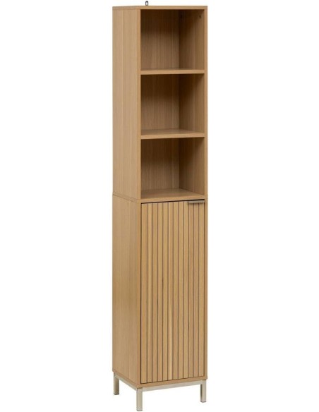 Mueble alto vertical de baño efecto madera con estantes regulables y puerta frontal