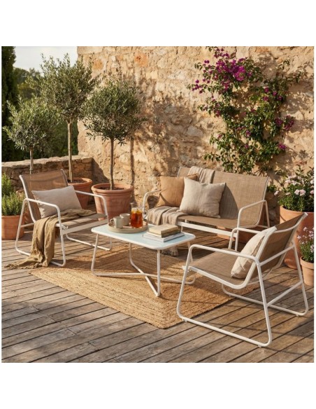 set sofá de jardín Bahía Blanco con sillones y mesa de centro en terraza