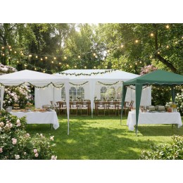 Gazebo verde 3x3 m en jardín con toldo decorativo