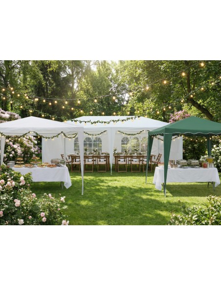 Gazebo verde 3x3 m en jardín con toldo decorativo