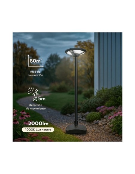Farola solar portátil 2000 lúmenes con sensor y base rellenable