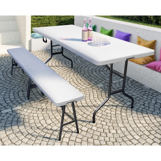 Mesa plegable tipo maleta blanca de 183 cm con asa – portátil para interior y exterior