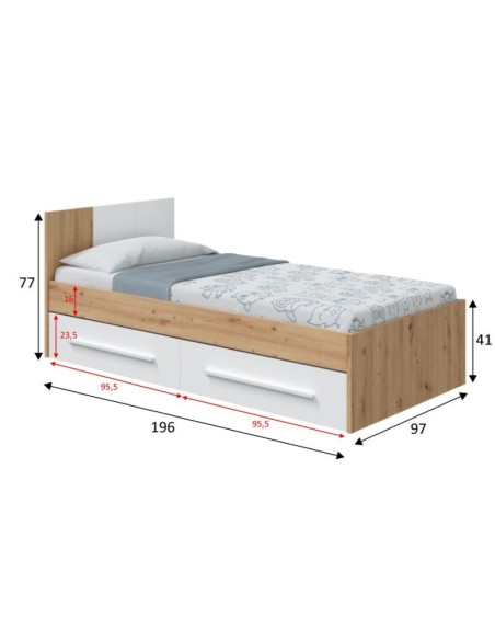 Cama juvenil Junior 90x190 roble nodi/blanco artik con cajones