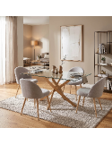 Mesa de salón Erika con patas de madera y cristal templado