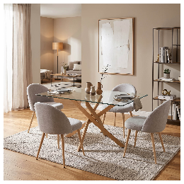 Mesa de salón Erika con patas de madera y cristal templado