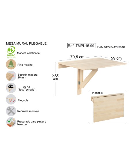 Mesa plegable de pared de madera de pino