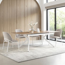 mesa de comedor extensible Olimpia efecto roble y estructura blanca