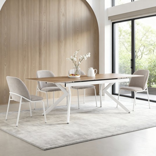 mesa de comedor extensible Olimpia efecto roble y estructura blanca
