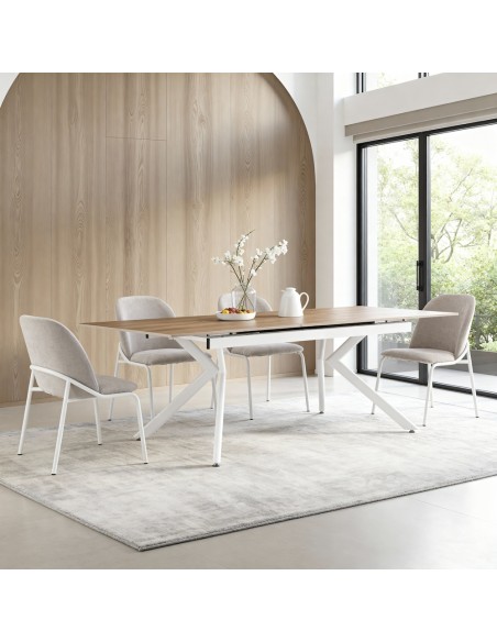 mesa de comedor extensible Olimpia efecto roble y estructura blanca