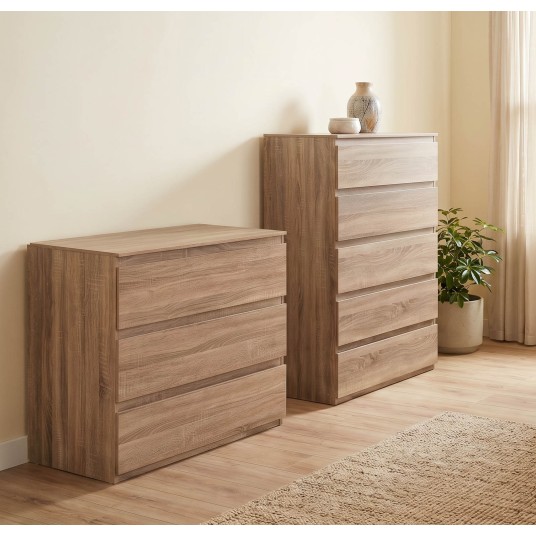 Cómoda de tres cajones con acabado efecto madera natural y diseño moderno