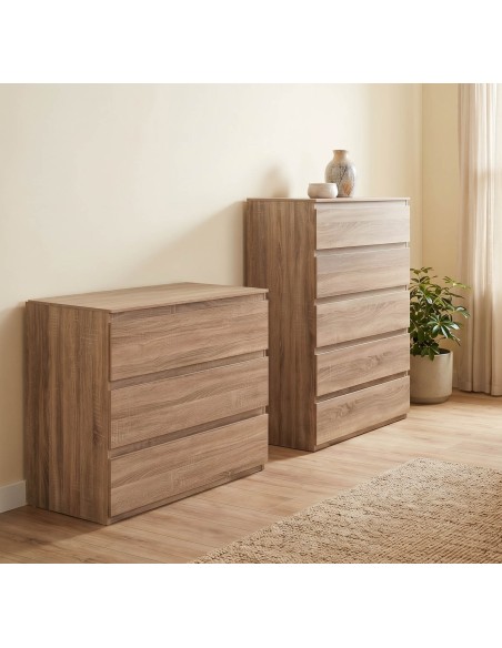 Cómoda de tres cajones con acabado efecto madera natural y diseño moderno